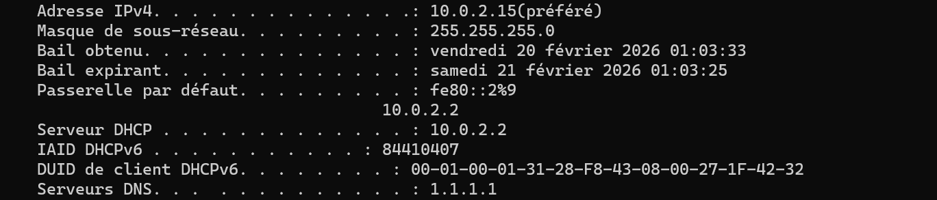 Configuration IP avec ipconfig